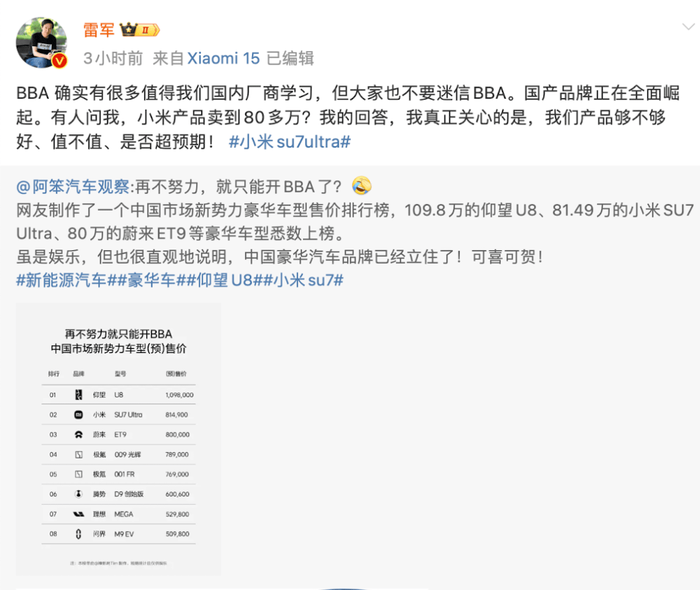 小米汽车卖到80多万，网友称再不努力只能开BBA！雷军：不要迷信BBA