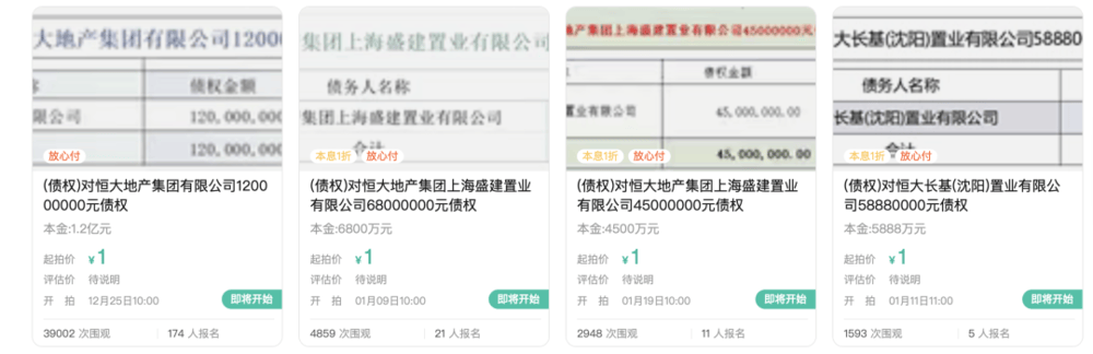 1元起拍，恒大地产集团1.2亿元债权拍卖参与者众多